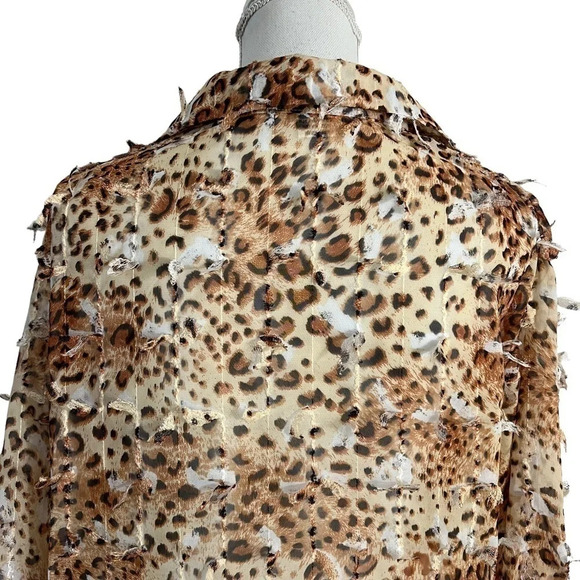 Feratelli Vintage Textured Frayed Leopard Cheetah Blouse Medium Sheer 3/4 Sleeve - Picture 5 of 10